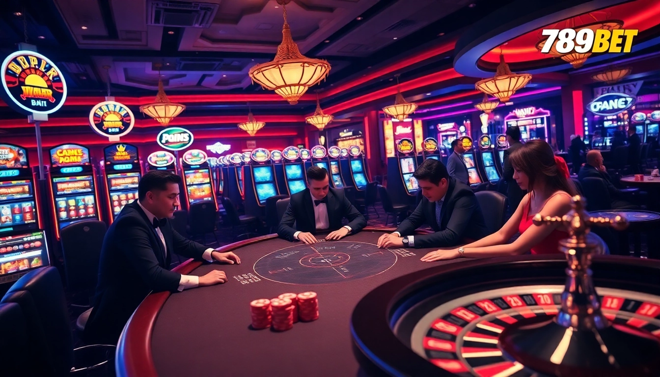 Players enjoying a high-stakes game at a 789BET poker table, showcasing excitement and luxury in a casino atmosphere.