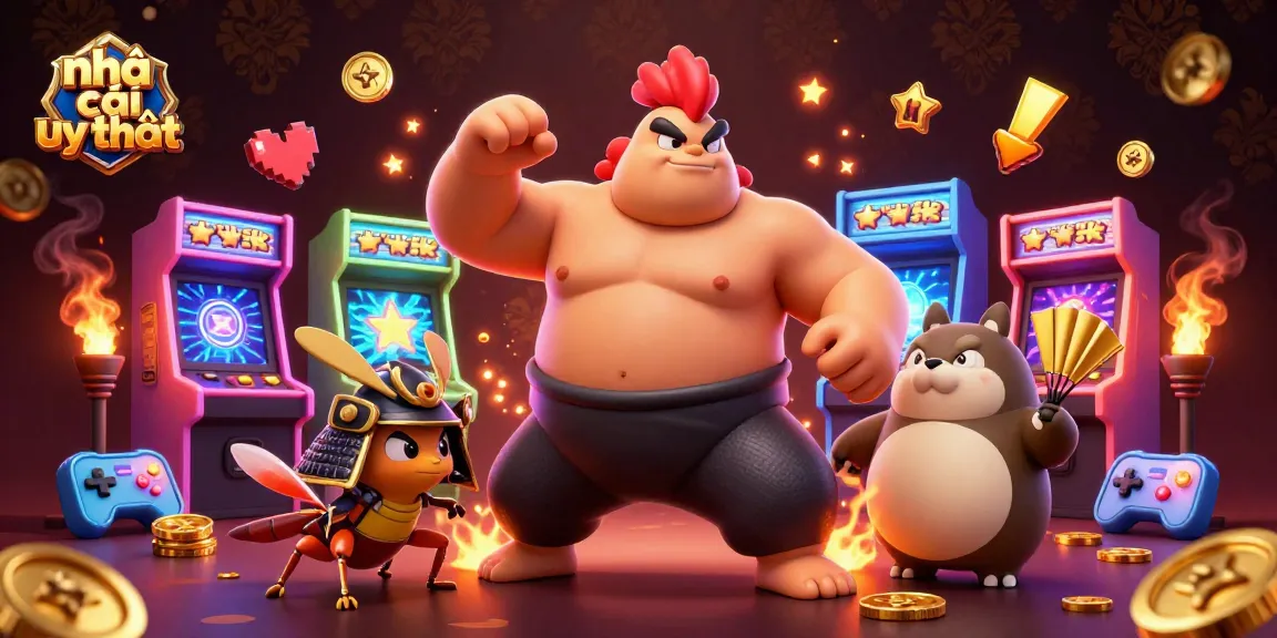 Engaging illustration of nhà cái uy tín featuring a powerful sumo rooster, a fierce cricket, and a tanuki announcer.