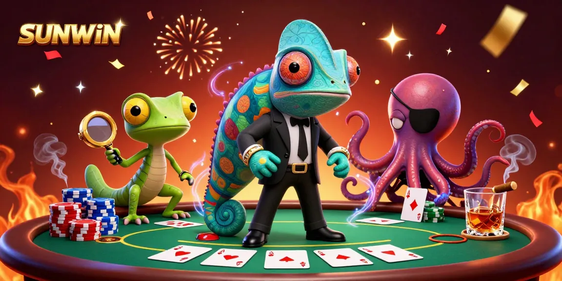 SUNWIN chameleon secret agent and gecko Q enjoying a dynamic poker scene filled with colorful chips